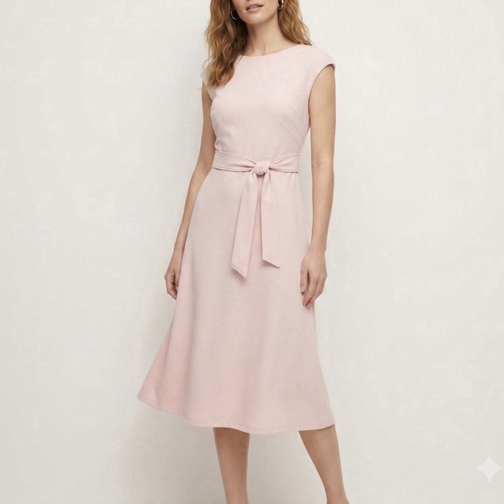 Calvin Klein Blush Pink Sleeveless Belt A Line Midi Dress Size 8 Wedding Office